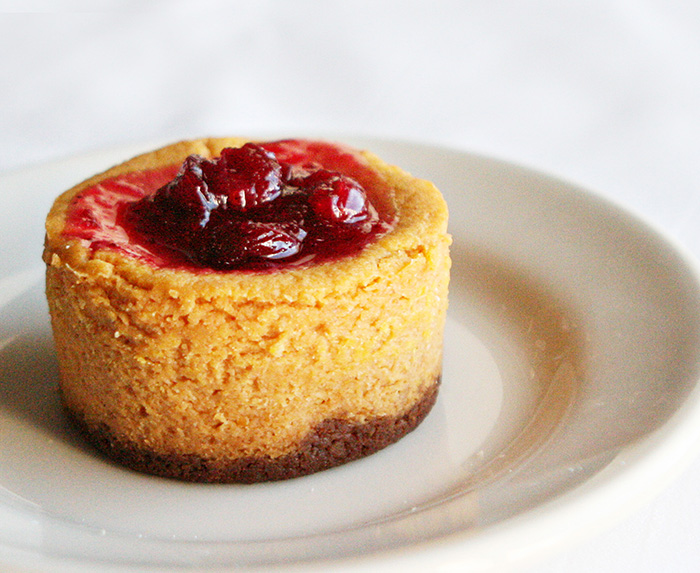 Mini Pumpkin Cheesecake with Cranberry Compote